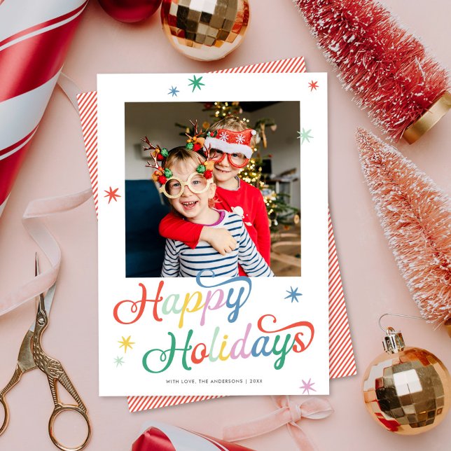Retro Script Colourful Christmas One Photo Holiday Card (Creator Uploaded)
