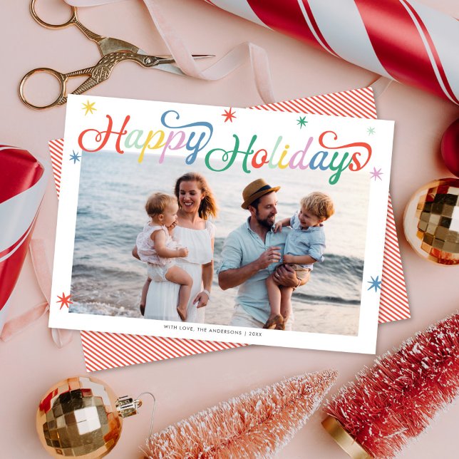 Retro Script Colourful Christmas One Photo Holiday Card (Creator Uploaded)