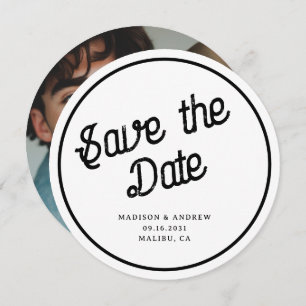 Retro Script Custom Photo Circle Round Wedding Save The Date