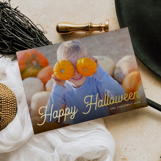 Retro Script Halloween Photo Foil Holiday Card (Creator Uploaded)