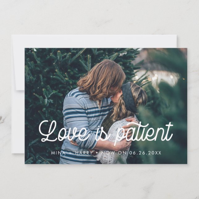 Retro script Love is patient wedding update Announcement (Front)