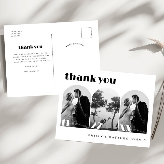 Retro Script Modern Arch 3 Photo Wedding Thank You Postcard (Creator Uploaded)