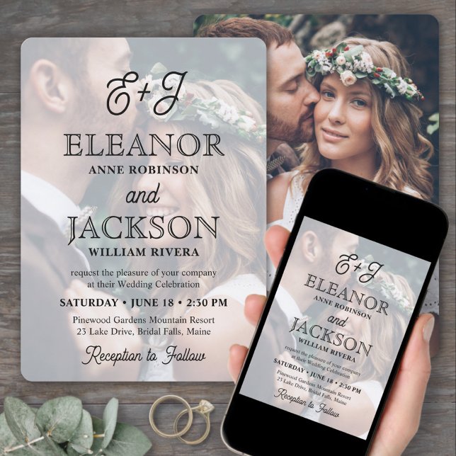 Retro Script Monogram Elegant 2 Photo Wedding Invitation (Creator Uploaded)