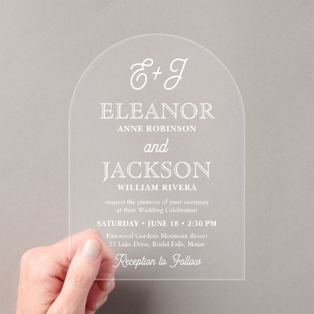 Retro Script Monogram Elegant Stylish Wedding Arch Acrylic Invitations (Insitu (Handheld))