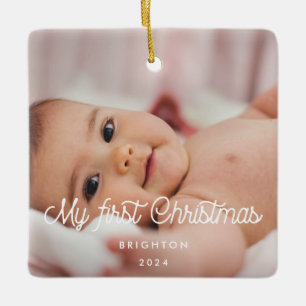 Retro script My First Christmas baby photo Ceramic Ornament