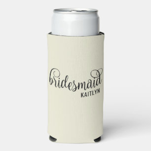Retro Script Natural and Black Bridesmaid Seltzer Can Cooler
