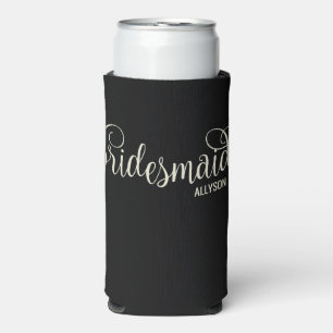 Retro Script Natural on Black Bridesmaid Seltzer Can Cooler