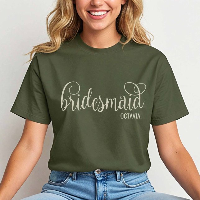Retro Script Natural on Fatigue Green Bridesmaid  T-Shirt (Natural on Fatigue Green)