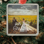 Retro script Our First Christmas couple photo Metal Ornament<br><div class="desc">A modern typography for this photo ornaments collection. To customise with your favourite picture. You can also easily change the colour of the font to your liking.</div>