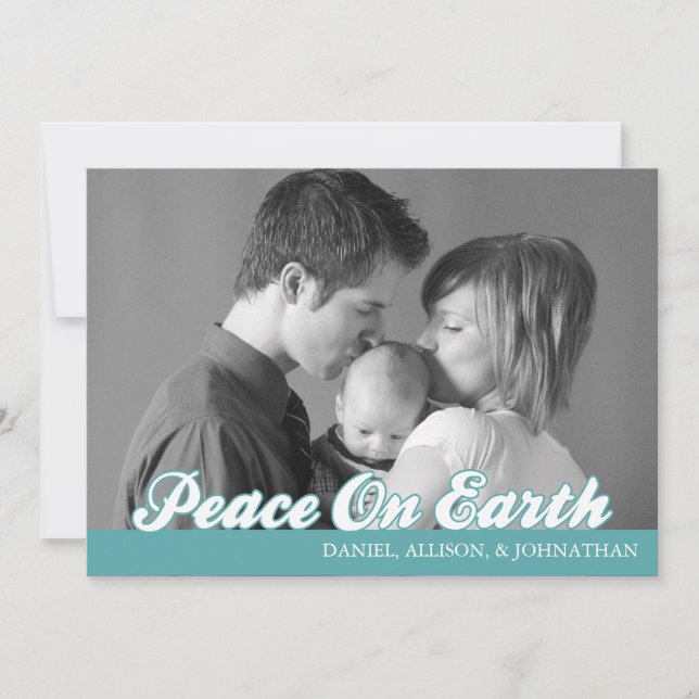 Retro Script Peace On Earth Christmas Card (Aqua) (Front)