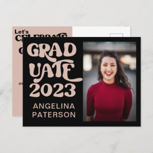 Retro Script Photo Black & Pink Graduate Party Invitation Postcard