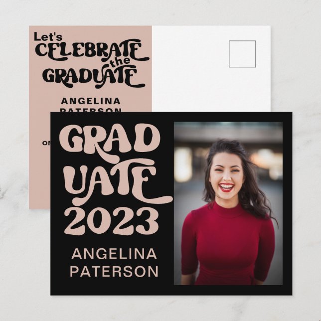 Retro Script Photo Black & Pink Graduate Party Invitation Postcard (Front/Back)