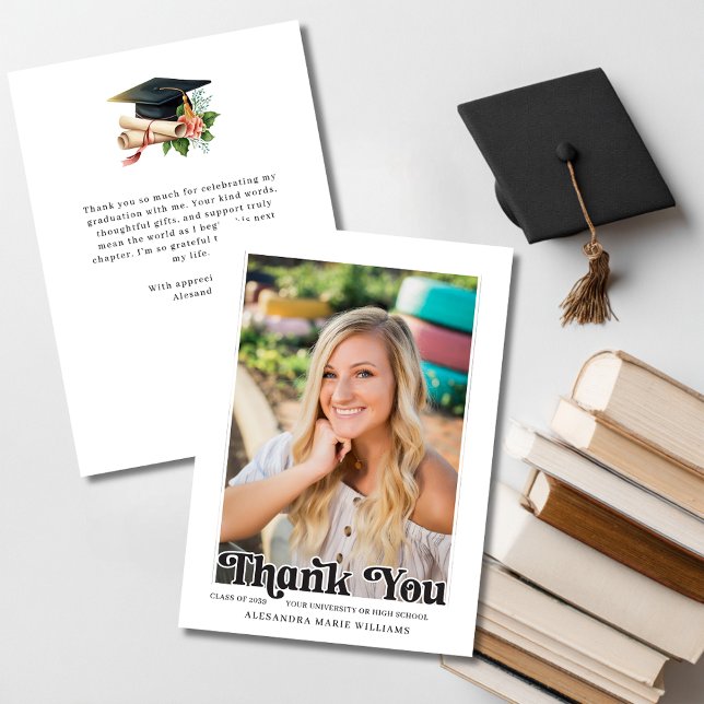 Retro Script Photo Graduation Thank You Card (Retro Script Photo Graduation Thank You Card)