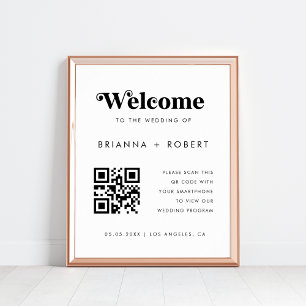 Retro Script QR Code Wedding Program Welcome Sign