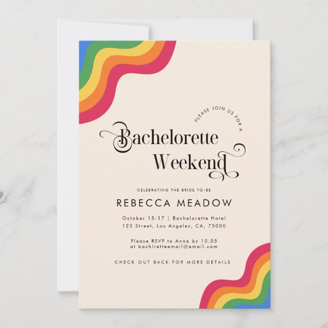 Retro Script & Rainbow Colourful Bachelorette Part Invitation (Front)