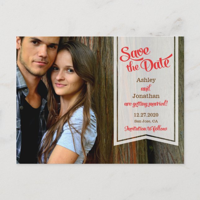 Retro Script & Ribbon Banner Photo Save the Date Announcement Postcard (Front)