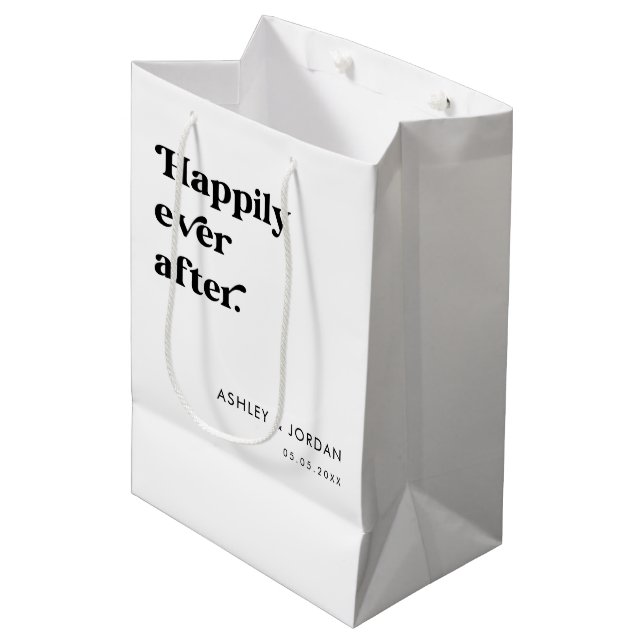 Retro Script Typography Happily Ever After Wedding Medium Gift Bag (Front Angled)