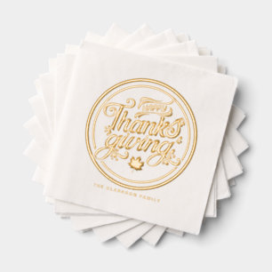 Retro Script Typography Label Happy Thanksgiving Foil Napkins