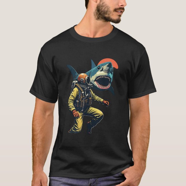 Retro Scuba Diver Shark Attack Illustration T-Shirt (Front)