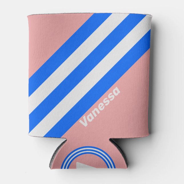 Retro Sea Kiss Stripes with Name Can Cooler (Front)
