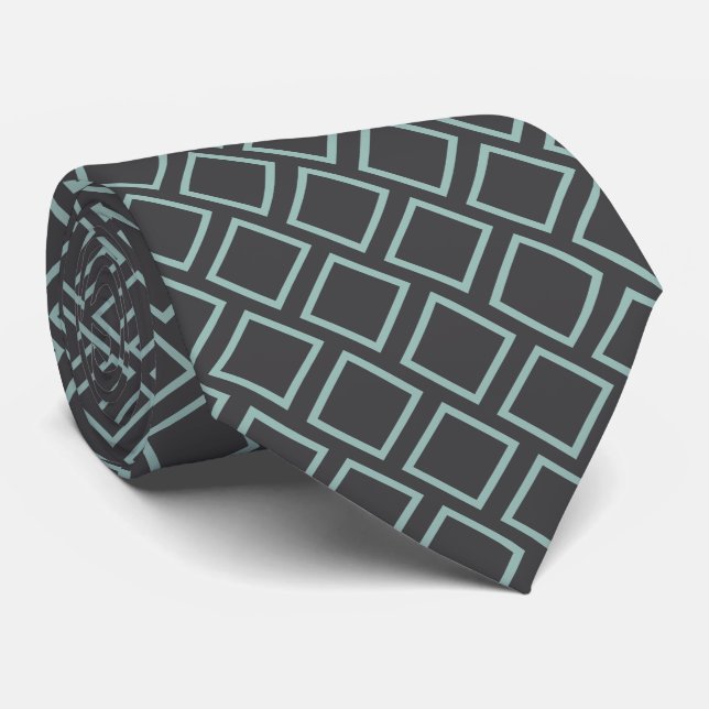 Retro Seafoam Green Squares On Dark Grey Neck Tie (Rolled)