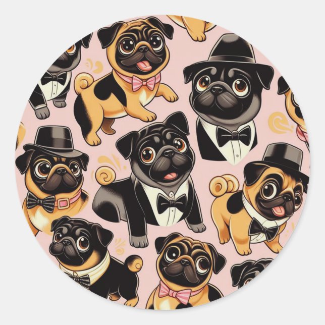 Retro Seamless Cute Pug Classic Round Sticker (Front)