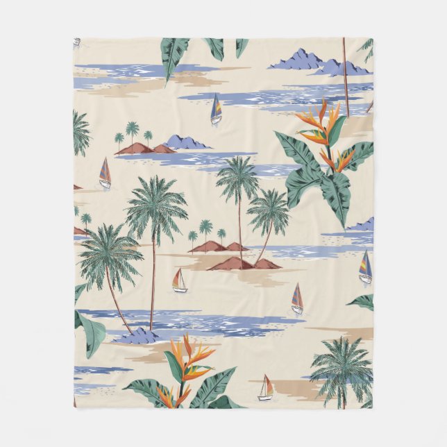 Retro seamless tropical island pattern on light be fleece blanket (Front)