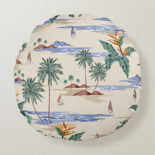 Retro seamless tropical island pattern on light be round cushion