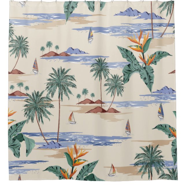 Retro seamless tropical island pattern on light be shower curtain (Front)