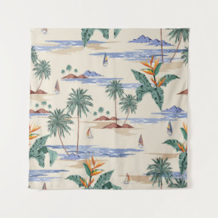 Retro seamless tropical island pattern on light be tapestry