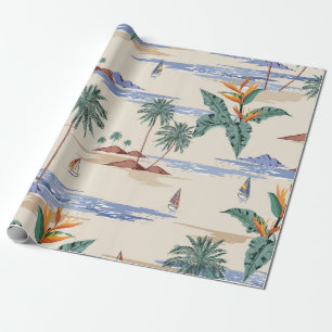 Retro seamless tropical island pattern on light be wrapping paper
