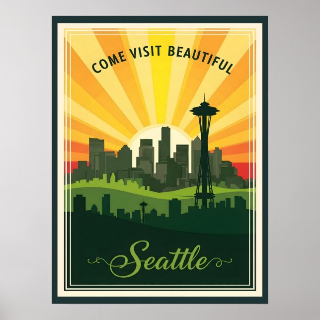 Retro Seattle skyline with space needle at sunset Poster (Front)
