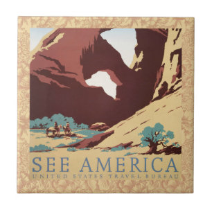 Retro See America Western Cowboys Desert Arch WPA Ceramic Tile