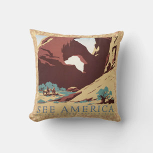 Retro See America Western Cowboys Desert Arch WPA Cushion