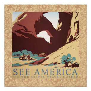 Retro See America Western Cowboys Desert Arch WPA Poster