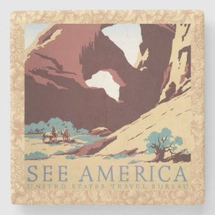 Retro See America Western Cowboys Desert Arch WPA Stone Coaster