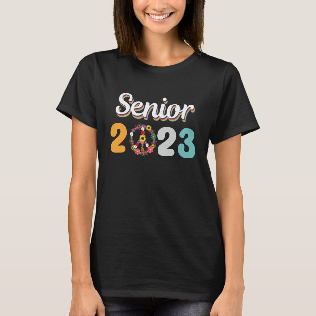 Retro Senior 2023 with peace flowers sign Graduati T-Shirt (Front)