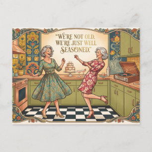 Retro Senior Women Dancing in a Kitchen Birthday Postcard