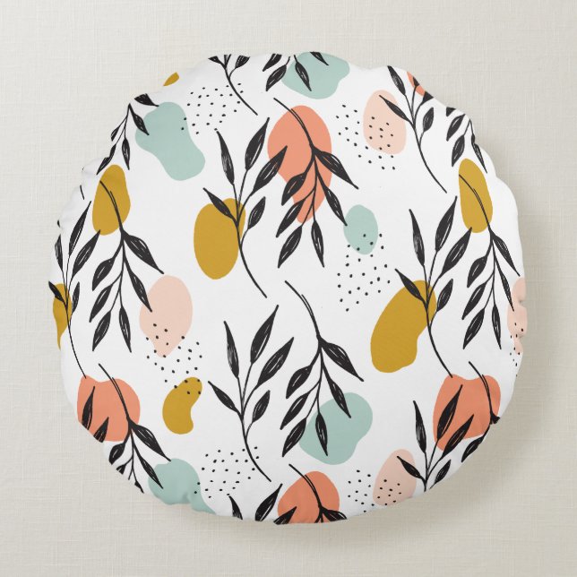 Retro Seventies Abstract Shapes Floral Pattern Round Cushion (Front)