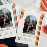 Retro Seventies | Arch Photo Save the Date<br><div class="desc">This retro photo save the date card features your photo in an arch frame, retro stripes, and "save the date" in a beautiful free-spirited script that can be changed to any colour. Background colour can be personalised as well. These professionally designed cards are quickly customisable. What's old is new again—at...</div>