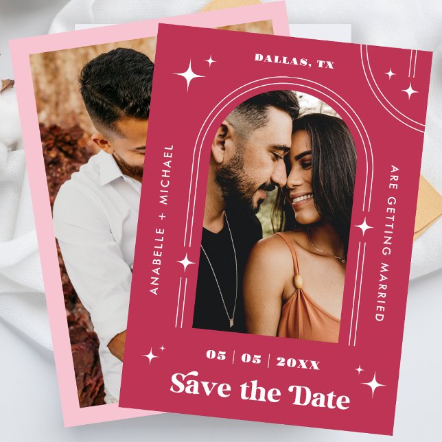 Retro Seventies Boho Arch Viva Magenta 2 Photo 70s Save The Date (Creator Uploaded)