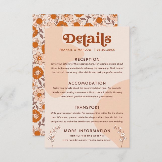 Retro Seventies Boho Wedding Details Enclosure Card (Front/Back)