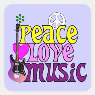 Retro seventies peace love music square sticker
