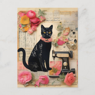 Retro Sewing Black Cat Bead necklace Collage Postcard