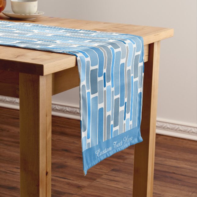 Retro Shades of Blue Geometric Design Pattern Short Table Runner (In Situ)