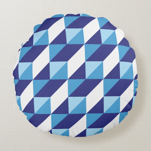 Retro Shades of Blue Geometric Triangle Abstract Round Cushion (Front)