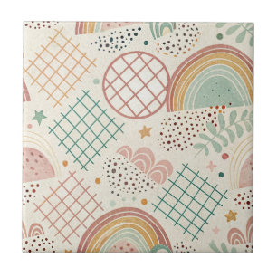 Retro Shapes and Dotted Textures in Earthy Pastel  Ceramic Tile