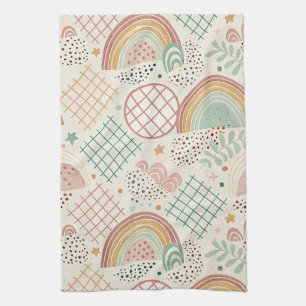Retro Shapes and Dotted Textures in Earthy Pastel Tea Towel