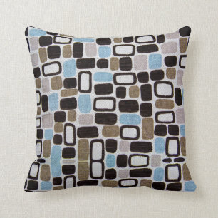 Retro Shapes Blue and Tan Pattern Throw Pillow