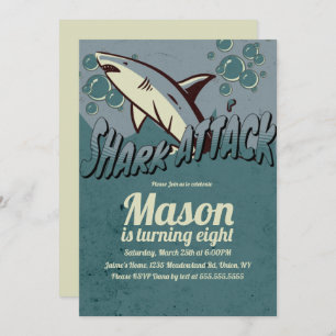 Retro Shark Themed Birthday Party Invitation